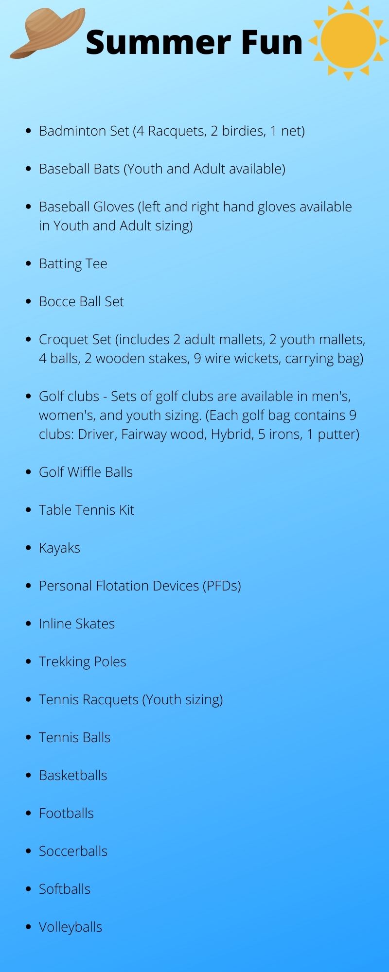 List of summer recreation equipment available: Badminton Set (4 Racquets, 2 birdies, 1 net) Baseball Bats (Youth and Adult available) Baseball Gloves (left and right hand gloves available in Youth and Adult sizing) Batting Tee Bocce Ball Set Croquet Set (includes 2 adult mallets, 2 youth mallets, 4 balls, 2 wooden stakes, 9 wire wickets, carrying bag) Golf clubs - Sets of golf clubs are available in men's, women's, and youth sizing. (Each golf bag contains 9 clubs: Driver, Fairway wood, Hybrid, 5 irons, 1 putter) Golf Wiffle Balls Table Tennis Kit Kayaks Personal Flotation Devices (PFDs) Inline Skates Trekking Poles Tennis Racquets (Youth sizing) Tennis Balls Basketballs Footballs Soccerballs Softballs Volleyballs